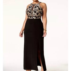 Black Maxi Dress with Gold Lace Bodice